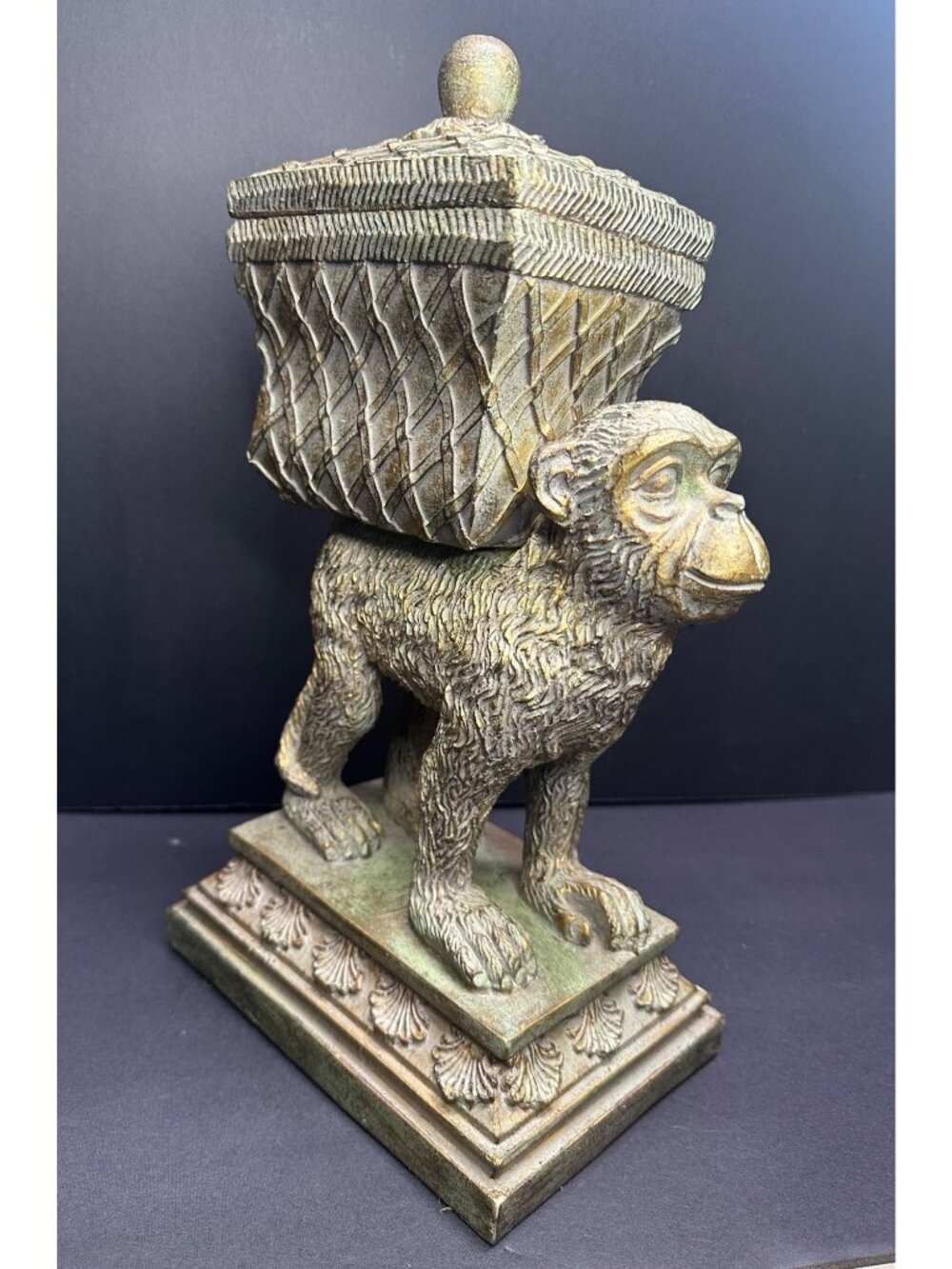 Vtg Monkey Holding Lid Basket Box Resin Bronze Tone Decorative Statue 13.5" Tall